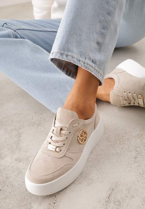Beżowe Skórzane Sneakersy na Platformie z Metaliczną Aplikacją Idapheosis