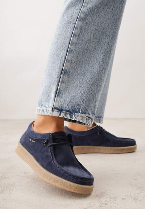 Granatowe Półbuty z Zamszu Naturalnego ze Skórzaną Wkładką i Przeszyciami Oaraneva
