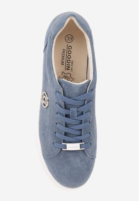 Niebieskie Skórzane Sneakersy na Platformie z Ozdobną Aplikacją z Boku Nesophia 6