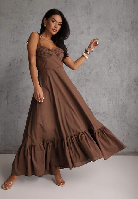 Brązowa Rozkloszowana Sukienka z Bawełny z Wiązanymi Ramiączkami Milistia 4