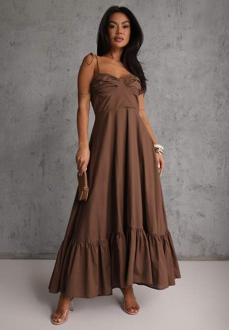 Brązowa Rozkloszowana Sukienka z Bawełny z Wiązanymi Ramiączkami Milistia