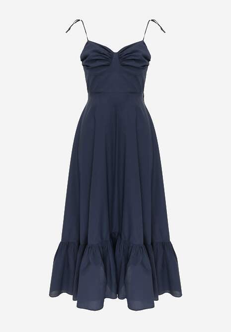 Granatowa Rozkloszowana Sukienka z Bawełny z Wiązanymi Ramiączkami Milistia 6