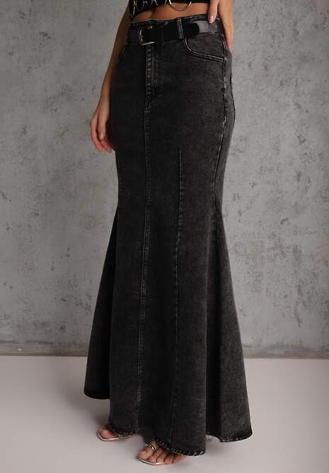 Czarna Spódnica Syrenka z Bawełny Jeansowa High Waist z Paskiem Appala 4