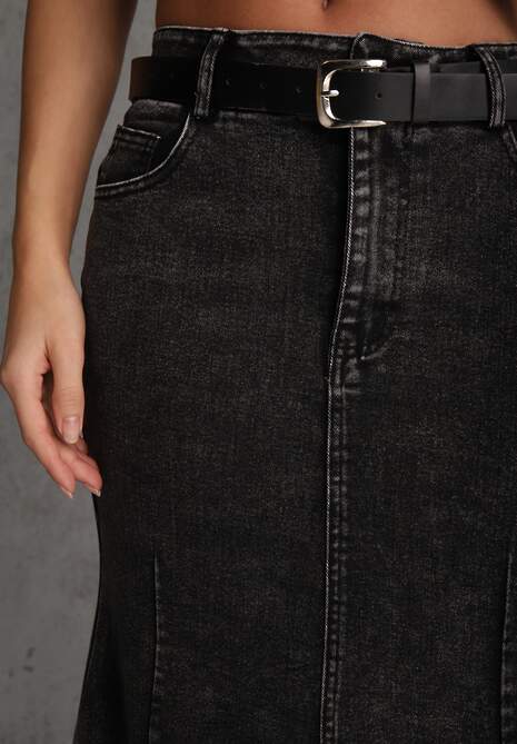 Czarna Spódnica Syrenka z Bawełny Jeansowa High Waist z Paskiem Appala 5