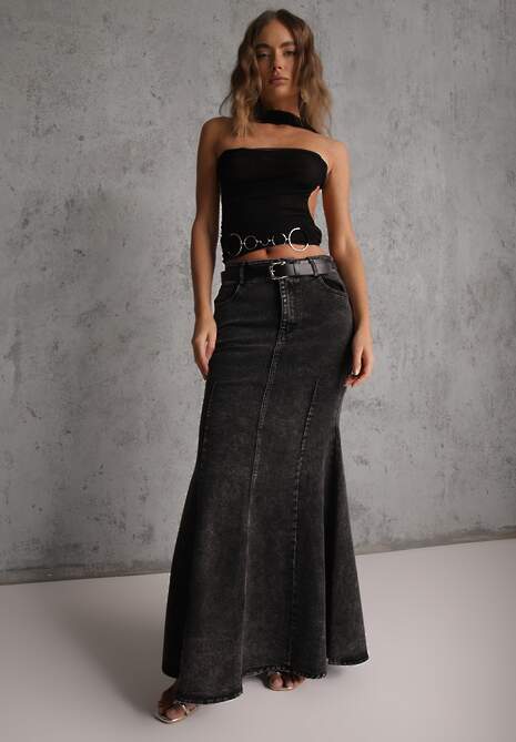 Czarna Spódnica Syrenka z Bawełny Jeansowa High Waist z Paskiem Appala