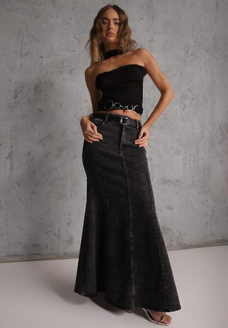 Czarna Spódnica Syrenka z Bawełny Jeansowa High Waist z Paskiem Appala