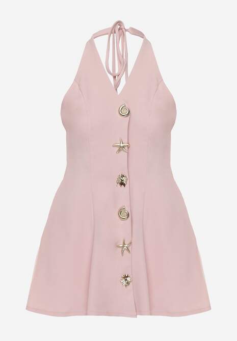 Różowa Sukienka Taliowana Rozkloszowana z Ozdobnymi Złotymi Guzikami i Wiązaniem na Szyi Argica 6