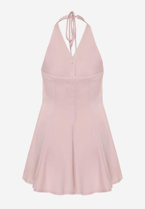 Różowa Sukienka Taliowana Rozkloszowana z Ozdobnymi Złotymi Guzikami i Wiązaniem na Szyi Argica 7