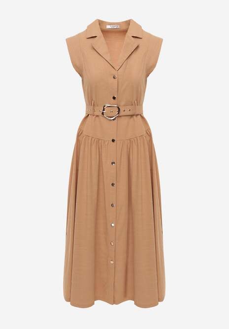 Beżowa Bawełniano-Wiskozowa Sukienka Koszulowa Bez Rękawów z Paskiem Athithoe 6