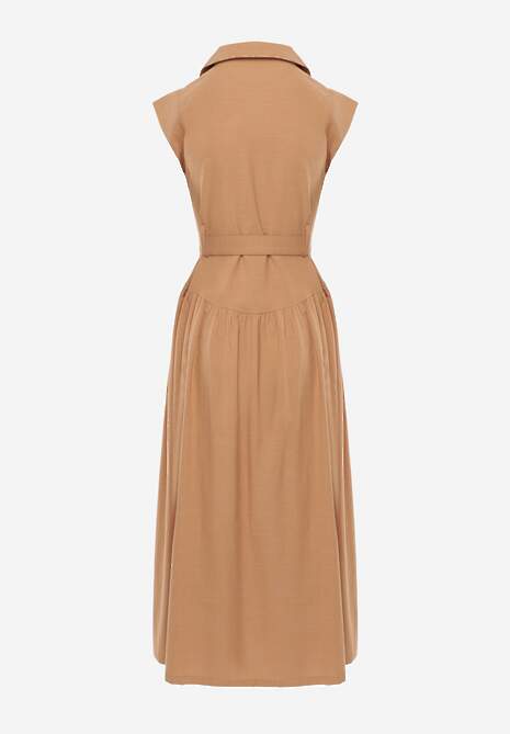 Beżowa Bawełniano-Wiskozowa Sukienka Koszulowa Bez Rękawów z Paskiem Athithoe 7