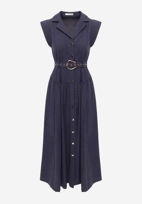 Granatowa Bawełniano-Wiskozowa Sukienka Koszulowa Bez Rękawów z Paskiem Athithoe 6