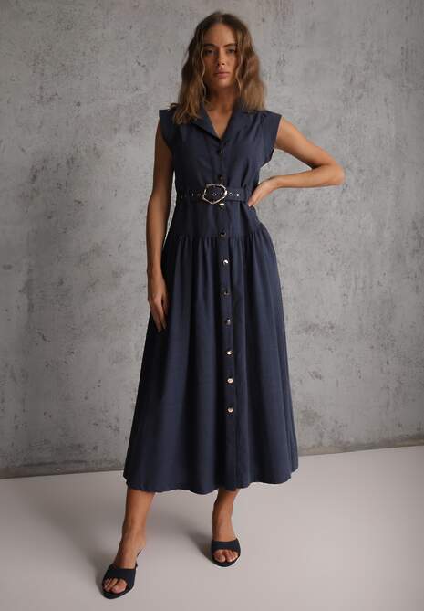 Granatowa Bawełniano-Wiskozowa Sukienka Koszulowa Bez Rękawów z Paskiem Athithoe