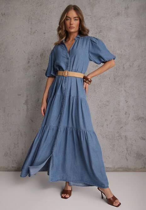 Jasnoniebieska Koszulowa Sukienka z Wiskozą Paskiem z Plecionki i Bufkami Nedara 4