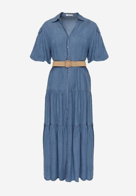 Jasnoniebieska Koszulowa Sukienka z Wiskozą Paskiem z Plecionki i Bufkami Nedara 6