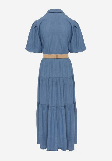 Jasnoniebieska Koszulowa Sukienka z Wiskozą Paskiem z Plecionki i Bufkami Nedara 7