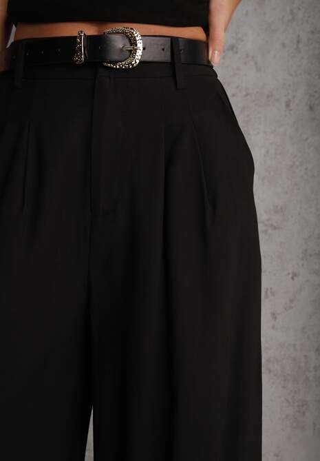 Czarne Garniturowe Spodnie Szerokie z Wiskozy z Paskiem Moun 5