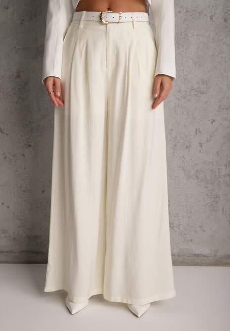 Białe Garniturowe Spodnie Szerokie z Wiskozy z Paskiem Moun 4