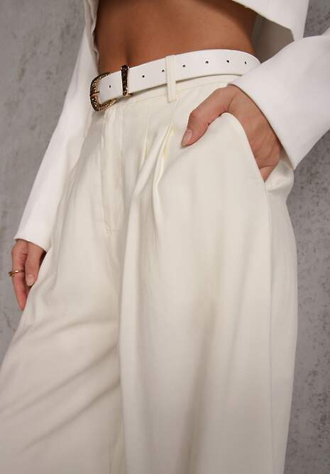 Białe Garniturowe Spodnie Szerokie z Wiskozy z Paskiem Moun 5
