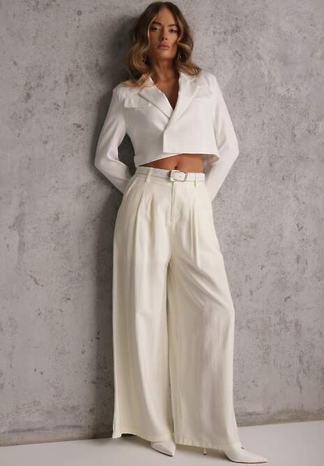 Białe Garniturowe Spodnie Szerokie z Wiskozy z Paskiem Moun
