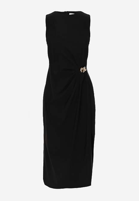 Czarna Sukienka z Wiskozą Bez Rękawów z Rozcięciem na Nogę i Ozdobą Kauri 6
