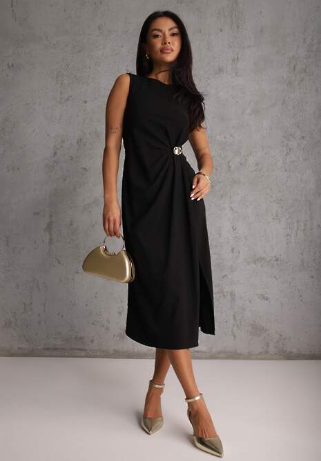 Czarna Sukienka z Wiskozą Bez Rękawów z Rozcięciem na Nogę i Ozdobą Kauri