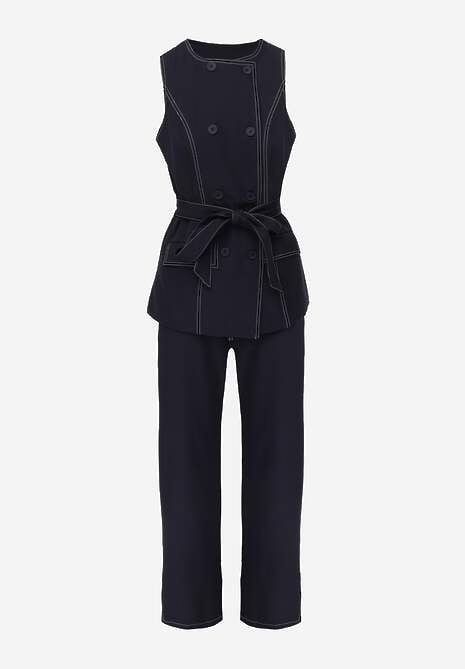 Granatowy Garniturowy Komplet Spodnie o Szerokim Kroju i Kamizelka z Paskiem Danynril 6