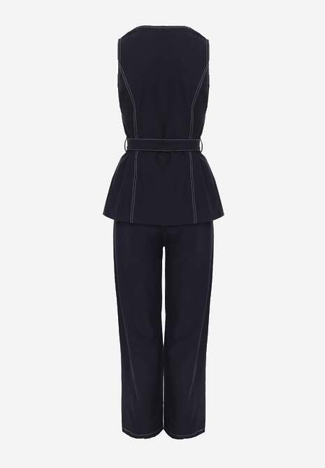 Granatowy Garniturowy Komplet Spodnie o Szerokim Kroju i Kamizelka z Paskiem Danynril 7