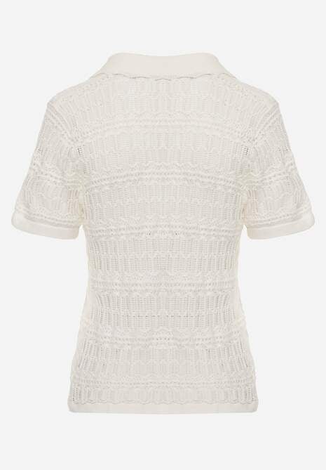 Beżowa Wiskozowa Bluzka z Szydełkowym Wzorem Kołnierzykiem i Guzikami Lasthythia 7