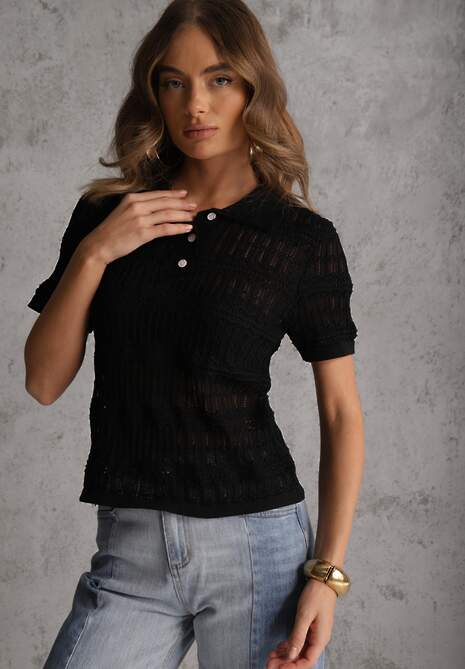 Czarna Wiskozowa Bluzka z Szydełkowym Wzorem Kołnierzykiem i Guzikami Lasthythia 4