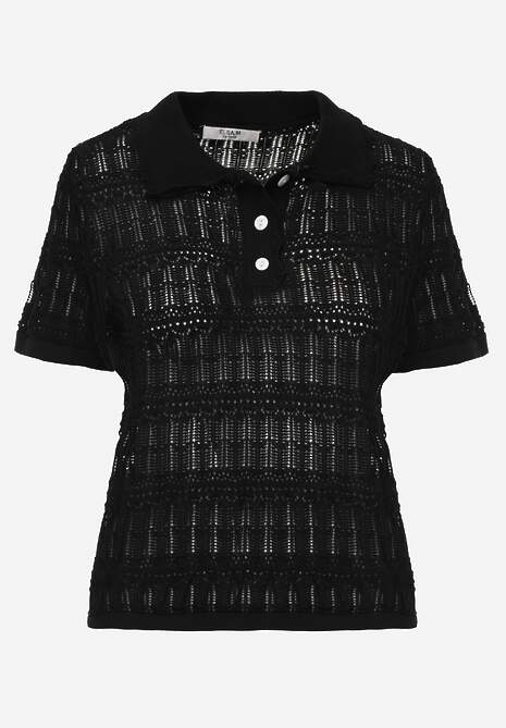 Czarna Wiskozowa Bluzka z Szydełkowym Wzorem Kołnierzykiem i Guzikami Lasthythia 6