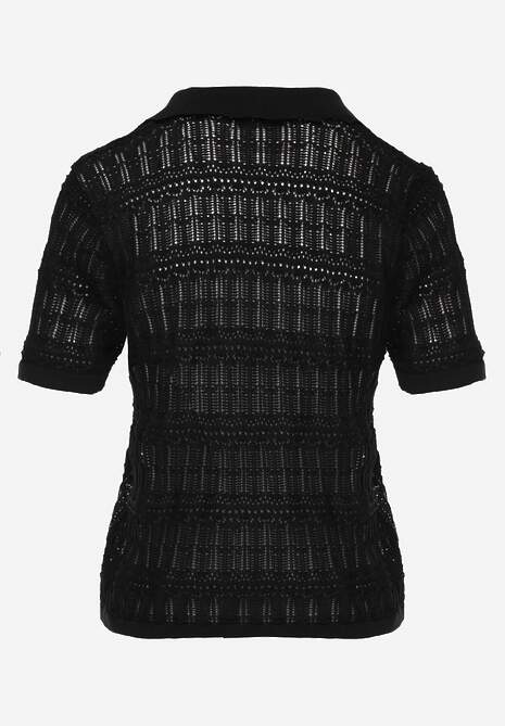 Czarna Wiskozowa Bluzka z Szydełkowym Wzorem Kołnierzykiem i Guzikami Lasthythia 7