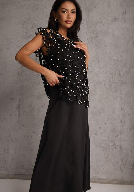 Czarna Bawełniano-Wiskozowa Sukienka Slip Dress z Ozdobną Narzutką Sagossia 4