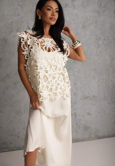 Jasnobeżowa Bawełniano-Wiskozowa Sukienka Slip Dress z Ozdobną Narzutką Sagossia 4