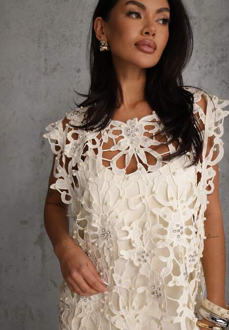 Jasnobeżowa Bawełniano-Wiskozowa Sukienka Slip Dress z Ozdobną Narzutką Sagossia 5