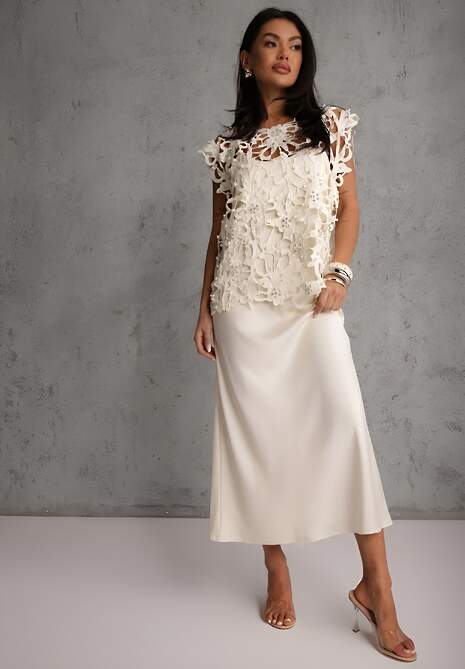 Jasnobeżowa Bawełniano-Wiskozowa Sukienka Slip Dress z Ozdobną Narzutką Sagossia