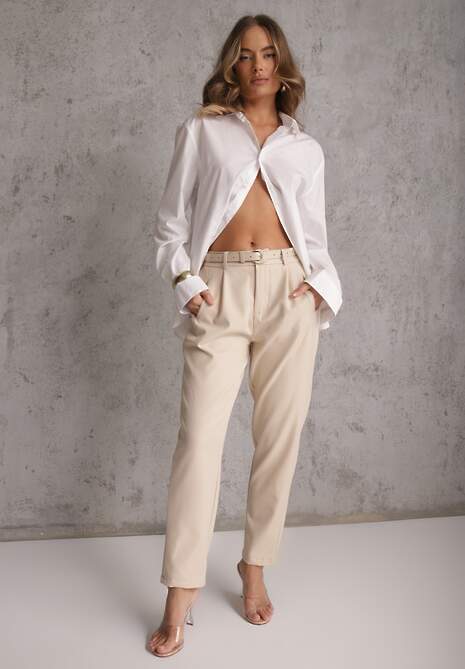 Beżowe Spodnie Cygaretki High Waist z Paskiem z Klamrą w Kształcie Półksięzyca Vikinai