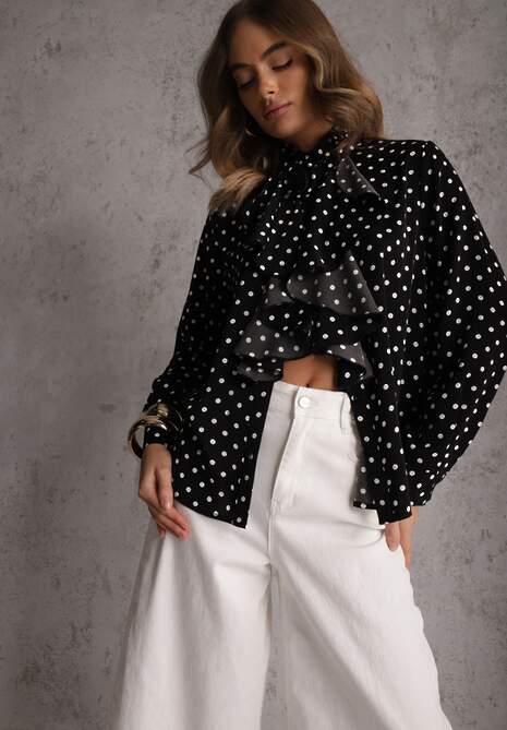 Czarna Falbaniasta Koszula z Wiskozy w Kropki ze Stójką Aegista 4