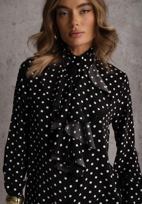 Czarna Falbaniasta Koszula z Wiskozy w Kropki ze Stójką Aegista 5
