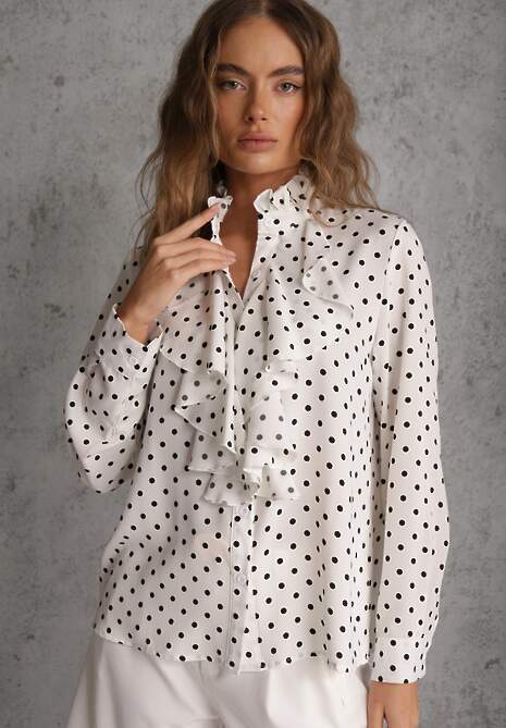 Biała Falbaniasta Koszula z Wiskozy w Kropki ze Stójką Aegista