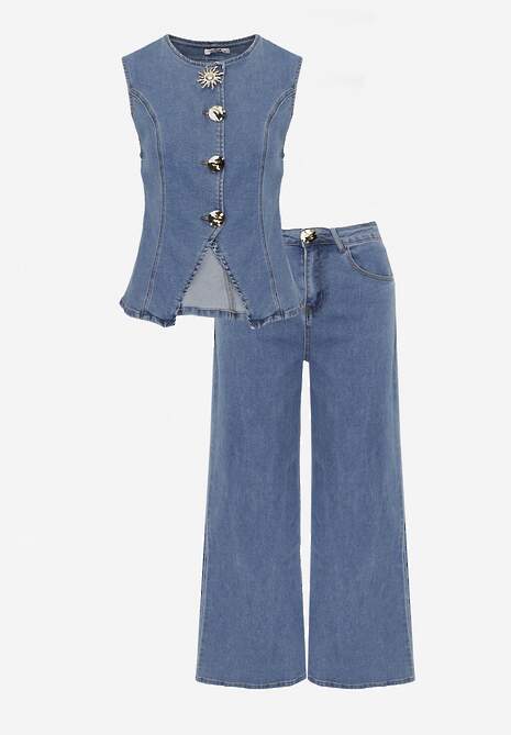 Niebieski Jeansowy Komplet z Bawełny Wide Leg Jeans i Kamizelka na Guziki Noena 6