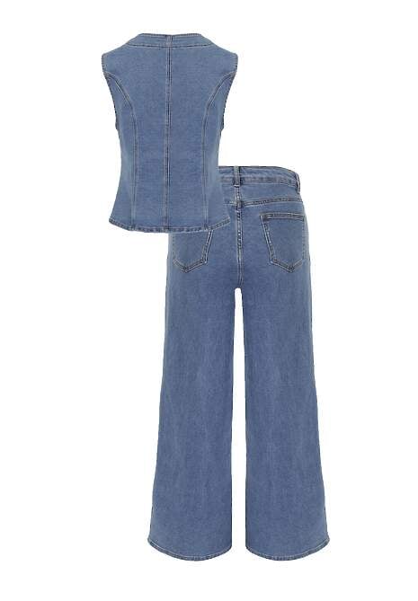 Niebieski Jeansowy Komplet z Bawełny Wide Leg Jeans i Kamizelka na Guziki Noena 7