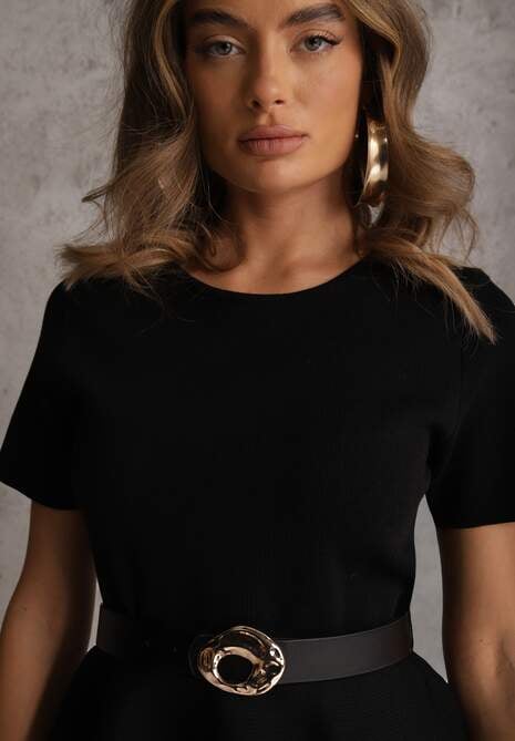 Czarna Dzianinowa Bluzka Baskinka z Paskiem i Klamrą Megassa 5