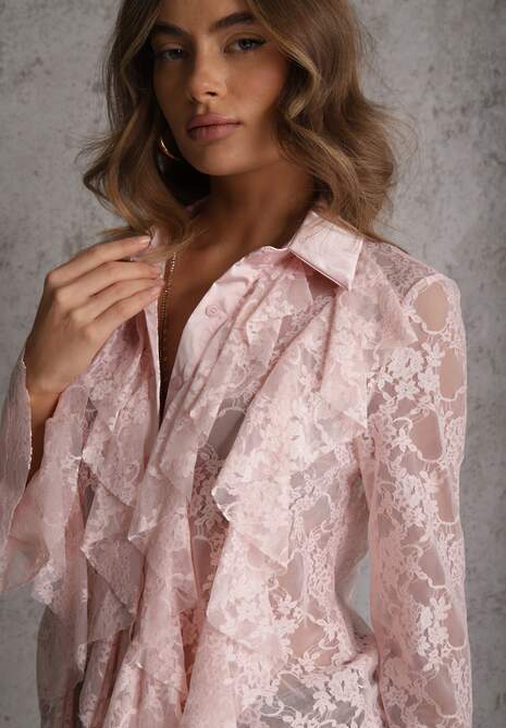 Różowa Wiskozowa Koronkowa Koszula z Bawełną i Falbanami  Oraeno 5