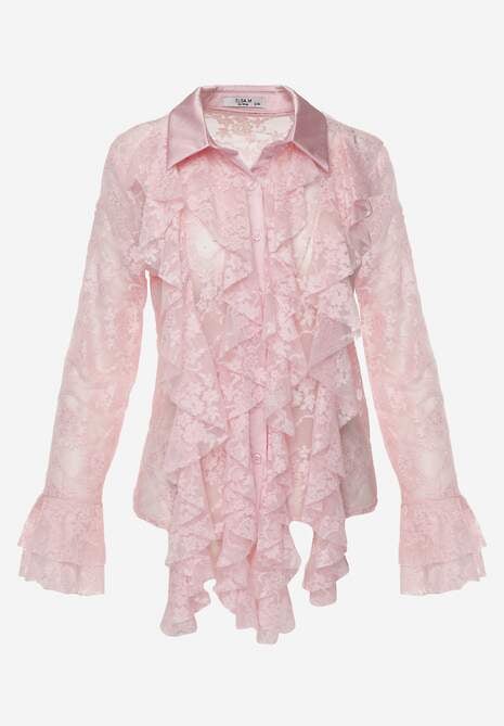 Różowa Wiskozowa Koronkowa Koszula z Bawełną i Falbanami  Oraeno 6
