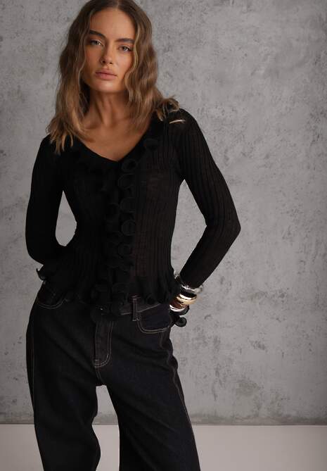 Czarna Bluzka z Wiskozą w Prążki z Falbanami Chionolis 4