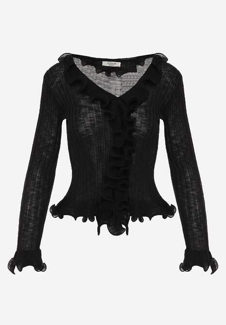 Czarna Bluzka z Wiskozą w Prążki z Falbanami Chionolis 6