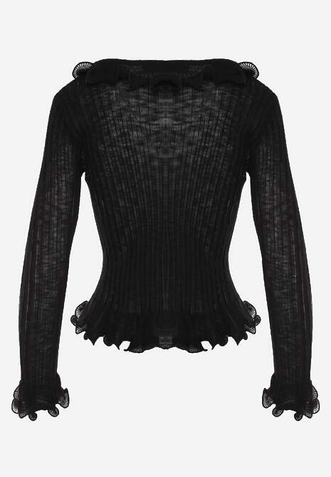 Czarna Bluzka z Wiskozą w Prążki z Falbanami Chionolis 7