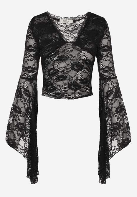 Czarna Bluzka z Koronki z Długimi Rozszerzanymi Rękawami Kielea 6
