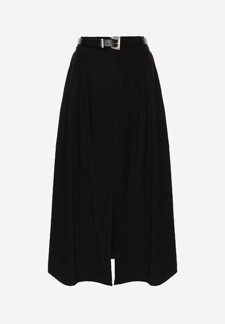 Czarna Rozkloszowana Spódnica z Wiskozy Zdobiona Rozcięciem i Paskiem Urilia 6