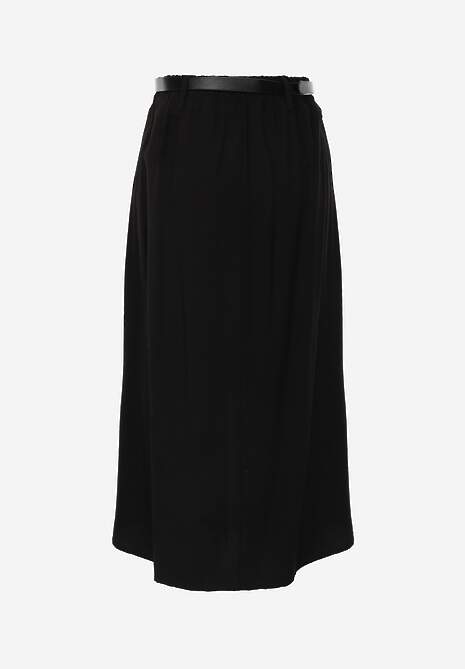 Czarna Rozkloszowana Spódnica z Wiskozy Zdobiona Rozcięciem i Paskiem Urilia 7